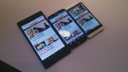 Jämförelse skärm Xperia Z Ultra (till vänster)HTC ONE (till höger  och  LG G2 i mitten 